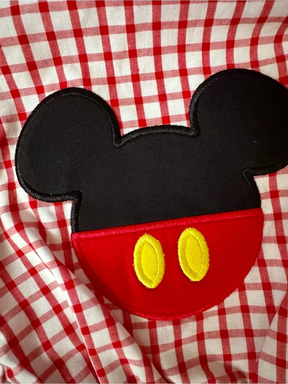 Smocked Flamingo Red Gingham Diaper Cover with Mickey Patch